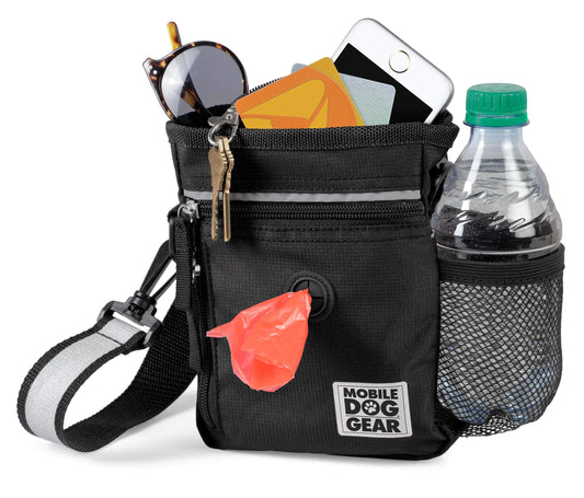 Mobile Dog Gear Dog Walking Fanny Pack (6"x7" Black) - Dog Training Treat Pouch with Poop Bag Dispenser & Bags 2 Reflective Wrist Straps Adjustable Shoulder Strap Flashlight Water Bottle Pocket
